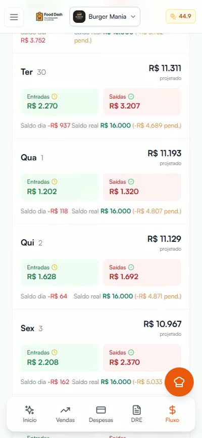 Tela de Fluxo de caixa no celular